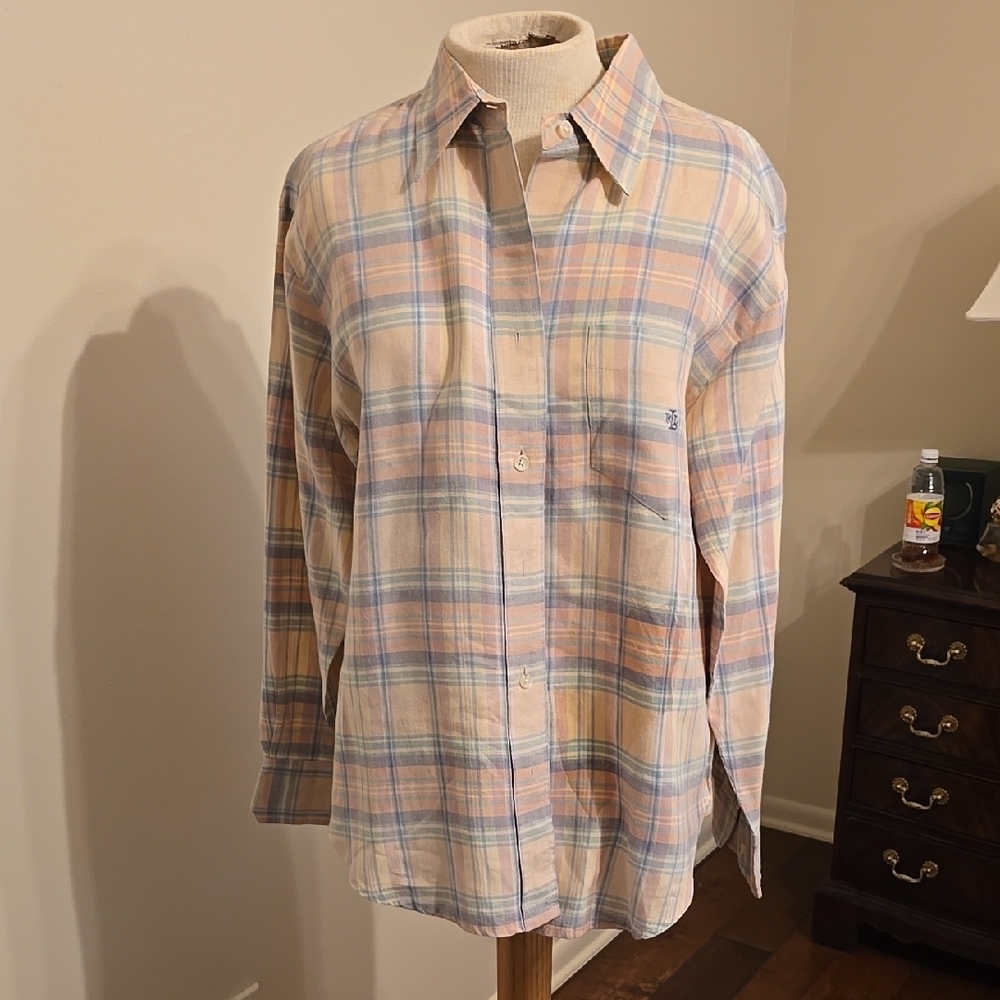 Ralph Lauren 100% Premium Linen Long Sleeve ButtonDown Shirt Pastel Plaid Large